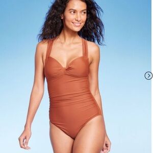KONA SOL Women's Twist-Front Shirred Full Coverage One Piece Swimsuit NEW wow!
